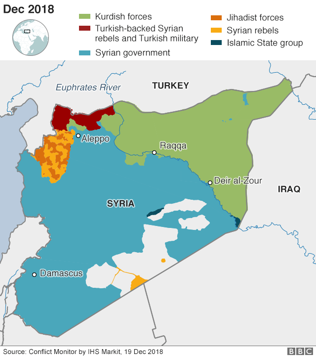 Карта, показывающая, кто контролирует, где в Сирии, 19 декабря 2018 года