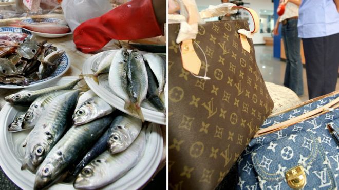 Stacked fish at a market (left) and two Luis Vuitton handbags on right