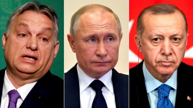 Viktor Orban, primer ministro de Hungría (izq.), Vladimir Putin, presidente de Rusia, y Recep Tayyip Erdogan, de Turquía.