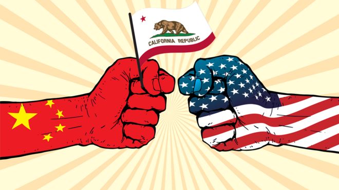 Ilustraciones de manos enfrentadas representando a China y Estados Unidos. La mano china sostiene una bandera de California.