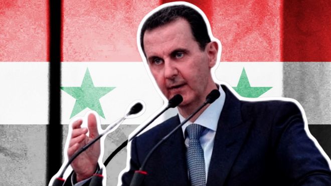 Le Président syrien Bashar al-Assad devant un drapeau syrien.