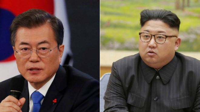 O presidente da Coreia do Sul, Moon Jae-in, e Kim Jong-un, da Coreia do Norte
