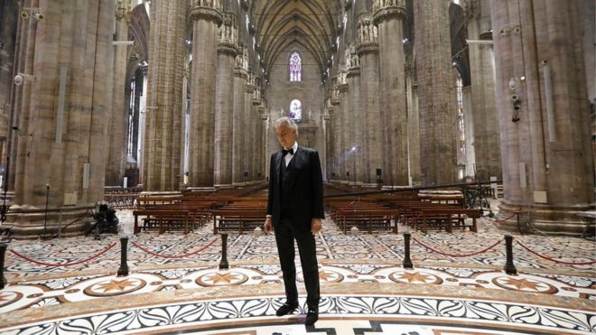 Andrea Bocelli performed an online concert from Milan, with a message of hope to those in lockdown.