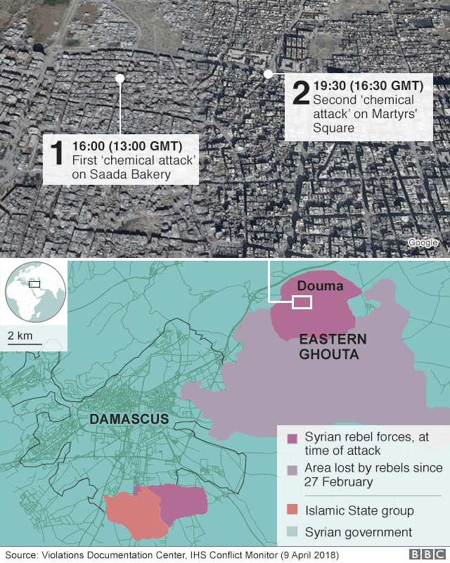 Карта с указанием мест предполагаемых химических нападений на Дума, Восточная Гута, Сирия
