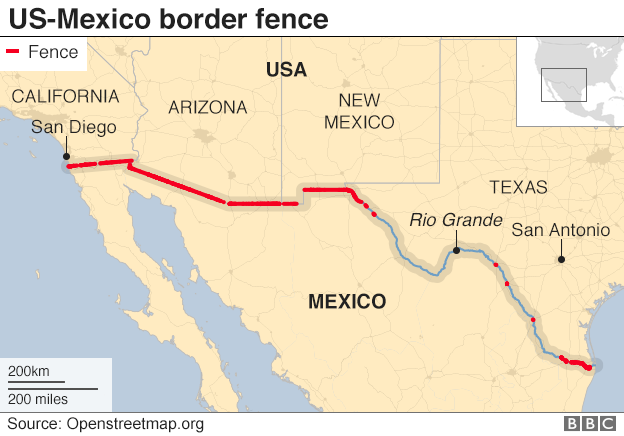 Карта, показывающая забор между США и Мексикой
