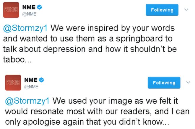 Твит NME: Мы были вдохновлены вашими словами и хотели использовать их в качестве трамплина, чтобы говорить о депрессии и о том, что это не должно быть табу.