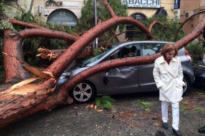 Вид упавшего дерева над автомобилем после того, как сильный ветер обрушился на Террачину, Италия, 29 октября 2018 года