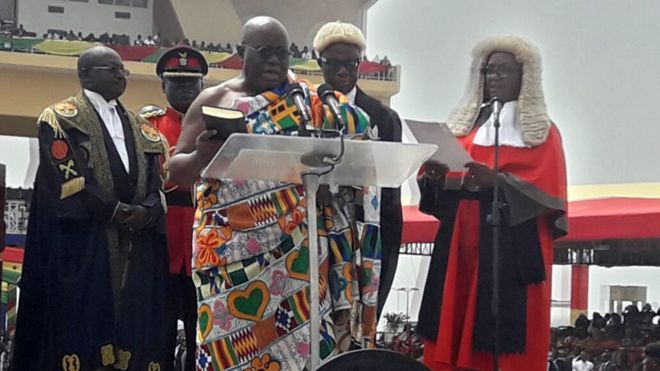 Ghana's President-elect Nana Akufo-Addo takes the oath of office during the swearing-in ceremony at Independence Square, Accra, 7 January 2016