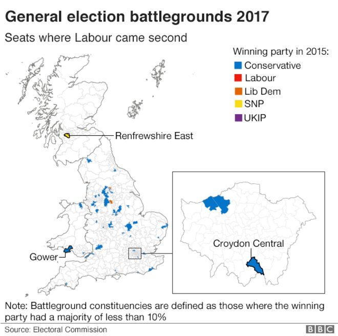 Карта, показывающая 48 мест, где лейбористы заняли второе место на всеобщих выборах 2015 года