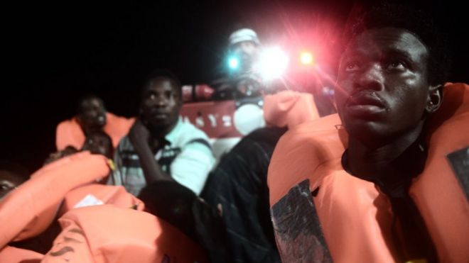 A migrant on board a rescue ship in the Mediterranean