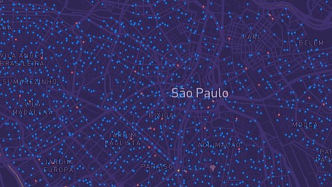 Mapa de São Paulo com indicações de casos de covid-19