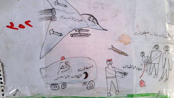 Desenho feito por crianÃ§a sÃ­ria mostra aviÃ£o de guerra, mÃ­sseis e uma crianÃ§a ferida