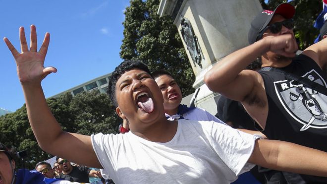 Protestors perform a haka during a Freedom and Rights Coalition protest at Parliament on November 09, 2021 in Wellington, New Zealand