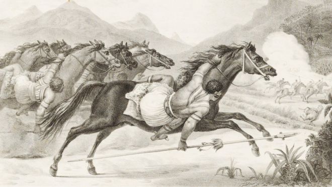 Cavaleiros Kadiwéus em ação, em pintura de Debret