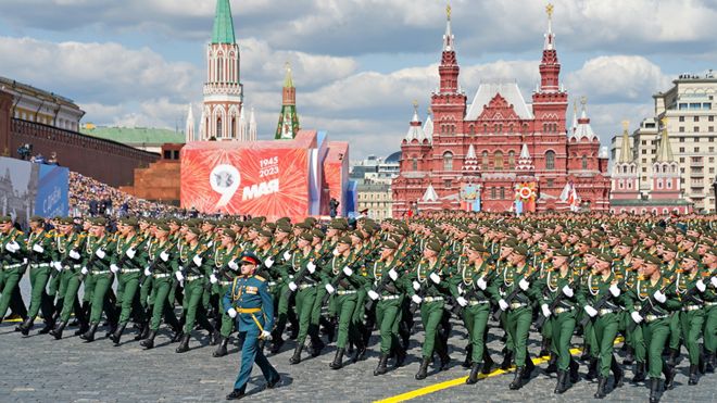 Russian service members take part in a military parade on Victory Day, which marks the 78th anniversary of the victory over Nazi Germany in World War Two, in Red Square in central Moscow, Russia May 9, 2023