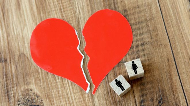 Un corazón de papel roto, con dos piezas de madera al lado que representan un hombre y una mujer
