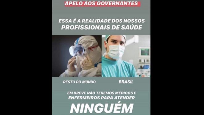 Imagem divulgada em redes sociais compara equipamentos de proteção para profissionais de saúde no exterior e no Brasil