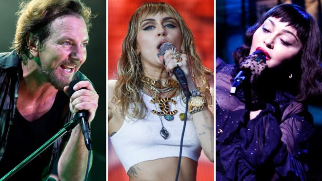 Слева направо: Эдди Веддер из Pearl Jam, Майли Сайрус, Мадонна