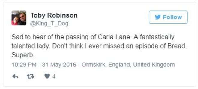 @King_T_Dog твиты: грустно слышать о смерти Карла Лейн. Фантастически талантливая леди. Не думаю, что я когда-либо пропустил эпизод Хлеба. Superb.