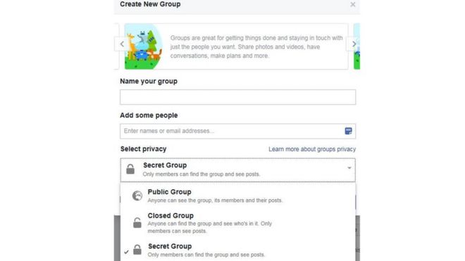 Снимок экрана со страницей создания группы в Facebook, показывающей, как создать секретную группу