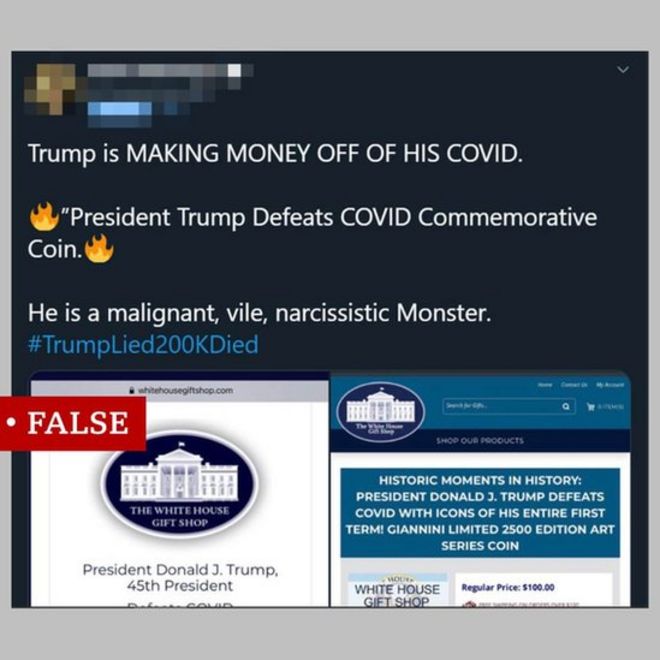 Скриншот сообщения в Твиттере, предполагающего, что Трамп зарабатывает деньги на Covid-19, названном ложным.