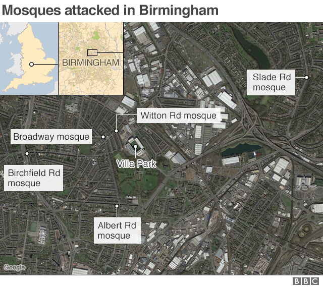 Карта с указанием мест атаки мечетей в Бирмингеме
