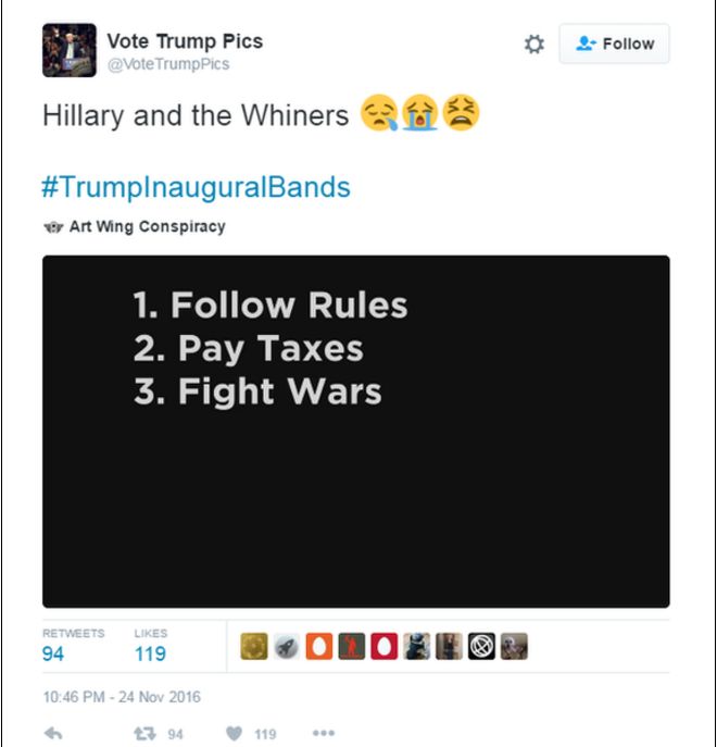 Tweet: Хиллари и нытики #Trump Inaugural Bands