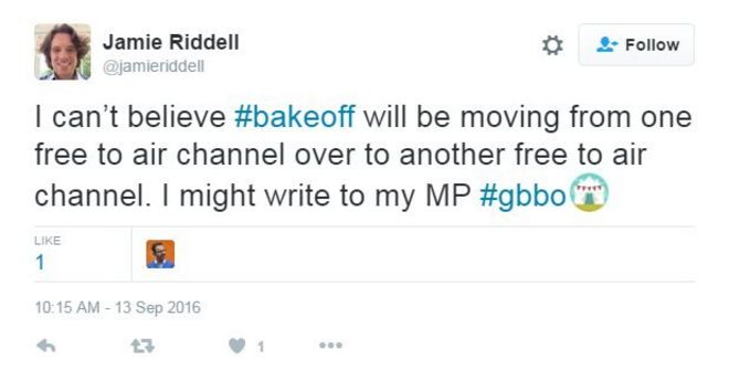 Джейми Ридделл в Твиттере: Я не могу поверить, что #bakeoff будет переходить с одного бесплатного канала на другой бесплатный канал. Я мог бы написать своему депутату. Хэштег: GBBO