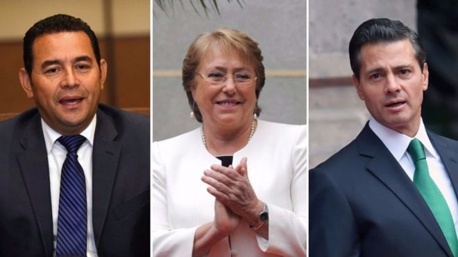 Jimmy Morales (Guatemala), Michelle Bachelet (Chile) y Enrique Peña Nieto (México)