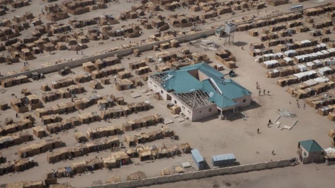 An aerial picture taken on February 14, 2017 at Monguno district of Borno State shows a camp for internally displaced people.