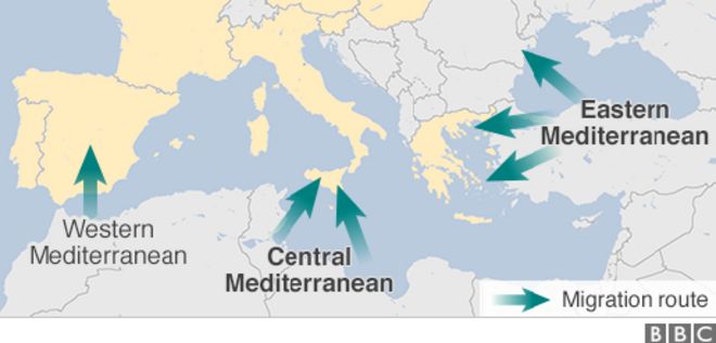 Карта, показывающая маршруты мигрантов в Средиземном море
