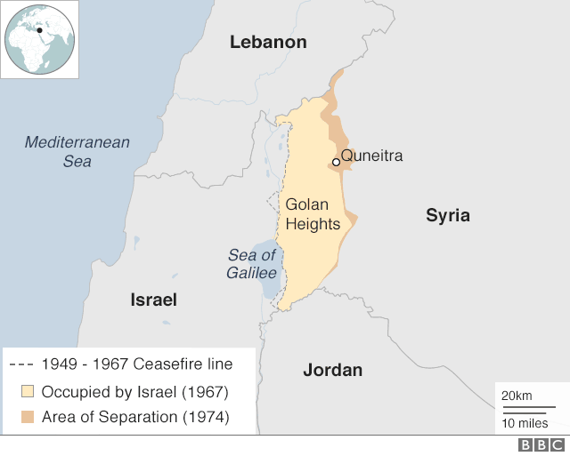 Карта, показывающая оккупированные Израилем Голанские высоты