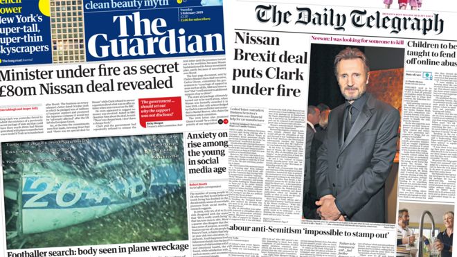 Составное изображение с титульными страницами Guardian и Telegraph