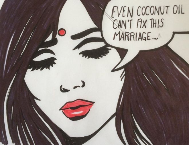 Женщина с голубыми глазами, красными губами и темными волосами с речевым пузырем заявляет: «Даже кокосовое масло не может исправить этот брак»