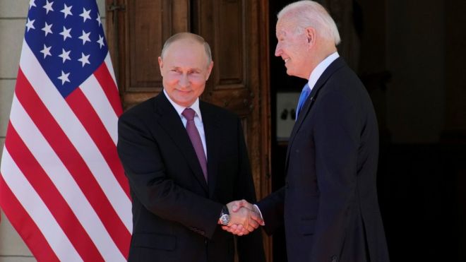 Russian President Vladimir Putin and U.S President Joe Biden shake hands during their meeting at Villa la Grange in Geneva, Switzerland June 16, 2021.