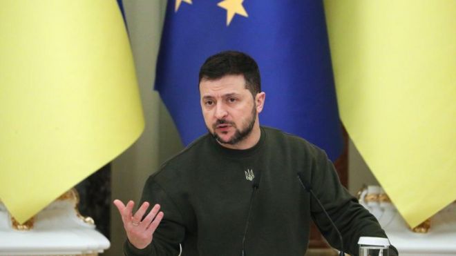 Ukrainian President Volodymyr Zelensky speaks during a joint press conference with President of the EU Council Charles Michel (not pictured) following their meeting in Kyiv, Ukraine, 19 January 2023