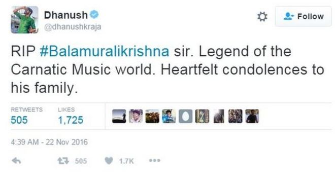 Тамильский актер и режиссер Венкатеш Прабху, известный как Дхануш, был одним из многих, кто выразил свое почтение в Твиттере