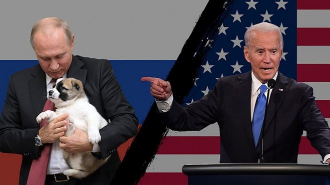 Джо Байден и Владимир Путин с щенком