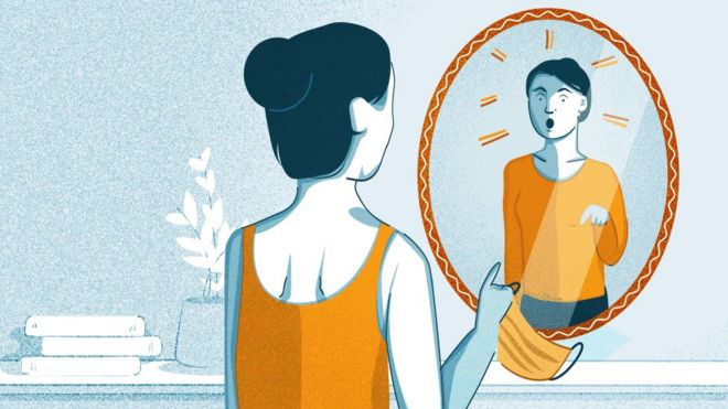 Ilustración de una mujer hablando a un espejo