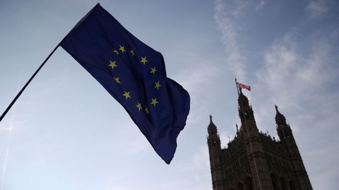 Флаг ЕС у здания парламента в Лондоне