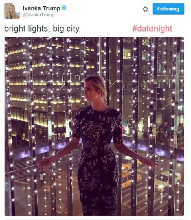 Иванка Трамп пишет в Твиттере свою фотографию с яркими огнями, большой город #datenight
