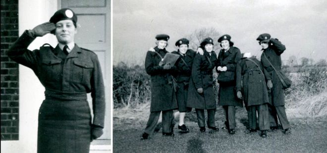 Группа женщин из Женской вспомогательной паромной эскадрильи, в том числе Пэт Леконби, позируют вместе в 1960-х годах