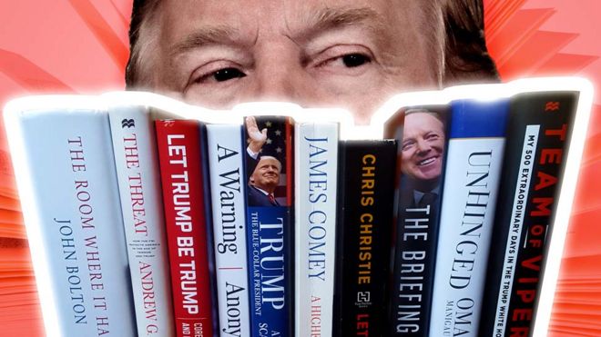 A composite showing President Trump and some of the books written about him