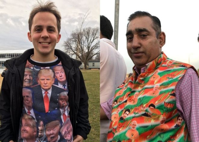 Составное изображение мужчины в футболке Трампа и мужчины в майке с изображением Моди на нем