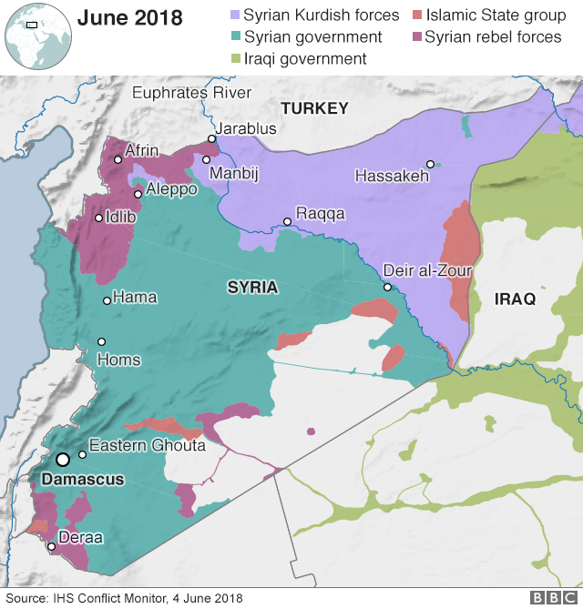 Карта, показывающая контроль над Сирией 4 июня 2018 года