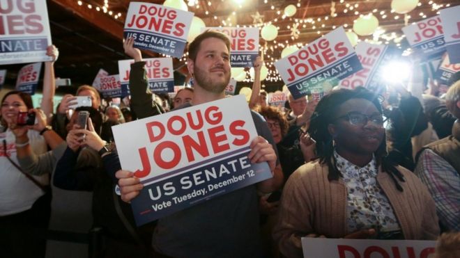 Сторонники Дуга Джонса слушают, как он выступает на митинге в Old Car Heaven в Бирмингеме, штат Алабама, 11 декабря 2017 года.