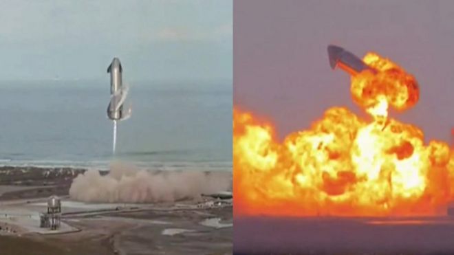 Composite image of SpaceX Starship landing and exploding