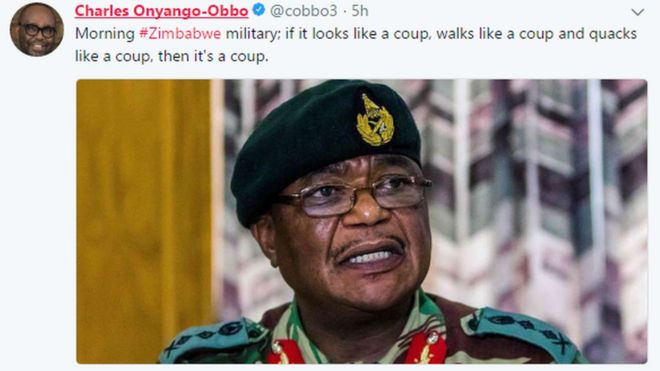 Твит от журналиста: «Утро # Зимбабве военные»; если это похоже на переворот, ходит как переворот и крякает как переворот, то это переворот. & quot;