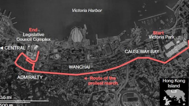 Lộ trình biểu tình tại Hong Kong hôm 16/06
