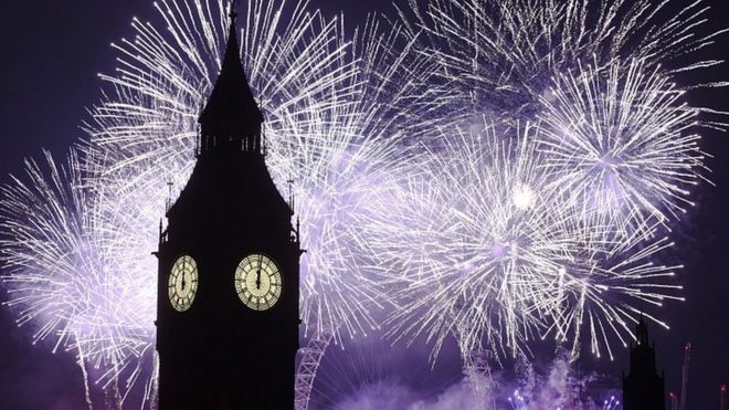Фейерверк за башней с часами у здания парламента в полночь в канун Нового года